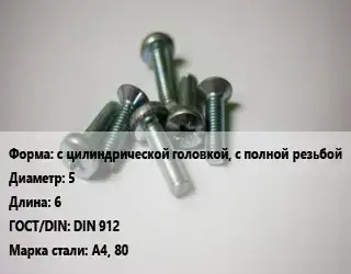 Винт с цилиндрической головкой, с полной резьбой 5х6 DIN 912 Сталь: A4, 80